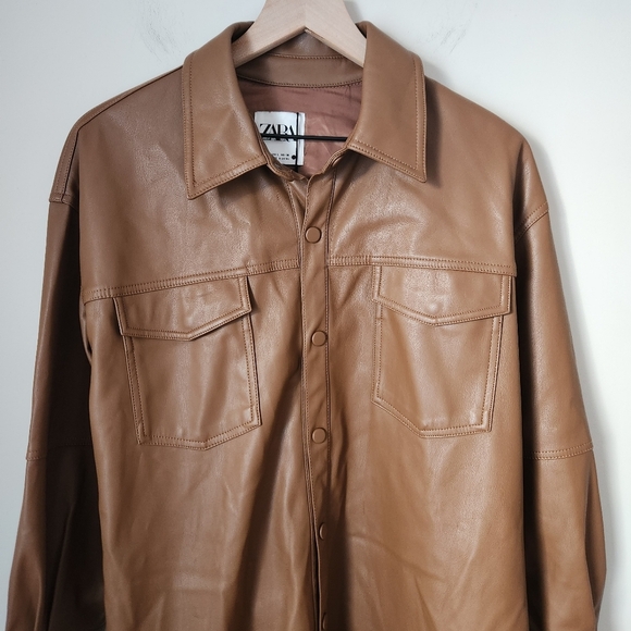 NWT Zara | Faux Leather Belted Button Down Shirt Jacket in Cognac - Size L - Picture 4 of 14